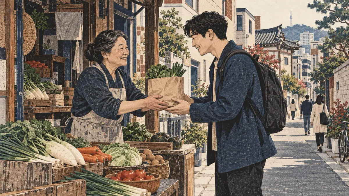 A learner receives a bag from an older Seoul shopkeeper in a respectful exchange.