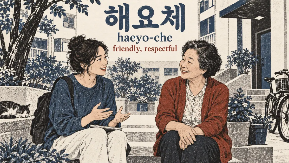 해요체 (haeyo-che): a learner and older neighbour speak with friendly respect.