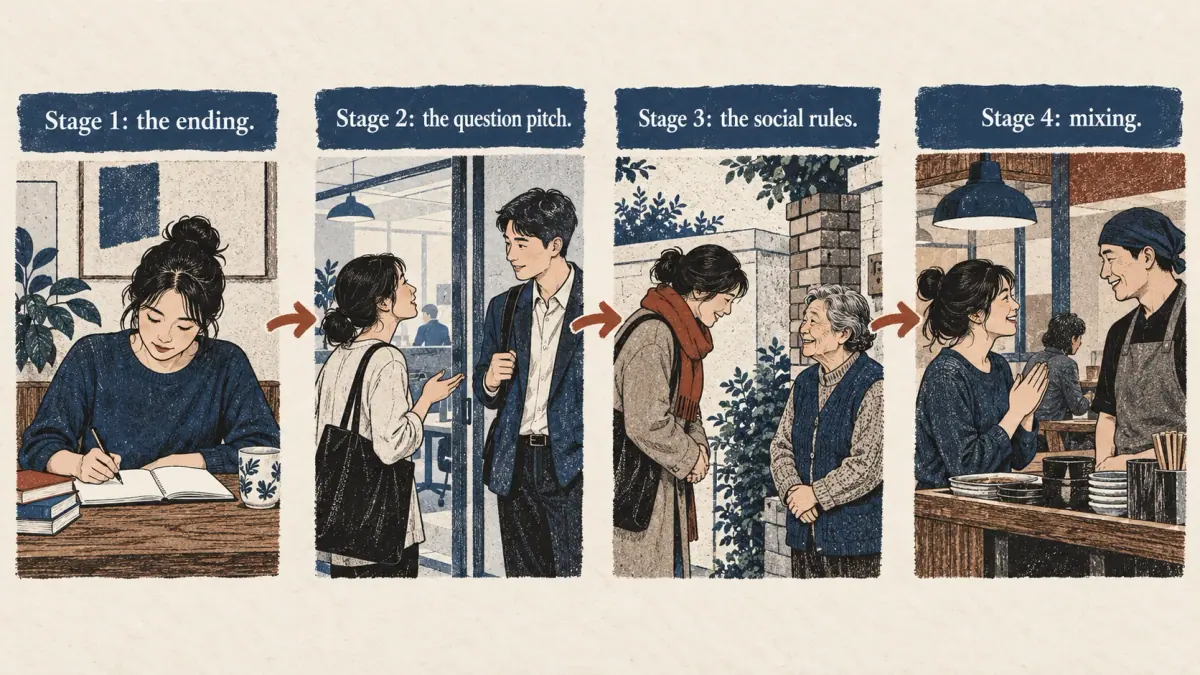 Four stages: ending, question pitch, social rules and mixing, shown through everyday adult conversations.