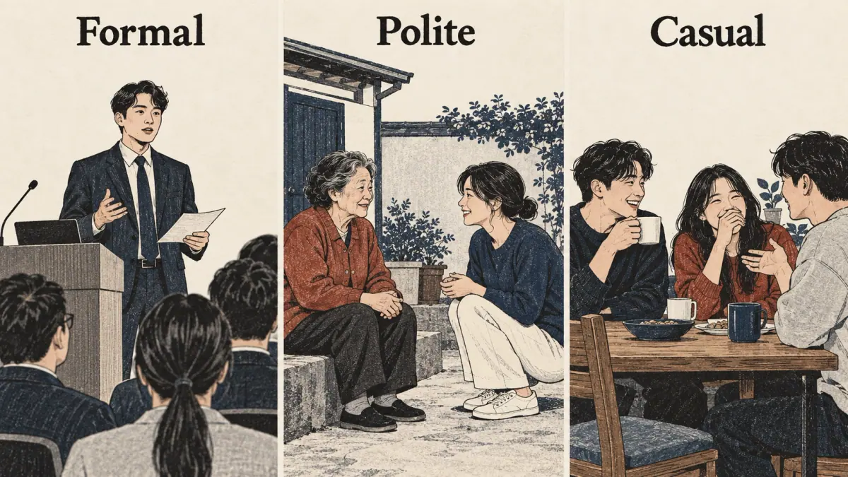 Formal presentation, polite conversation with an elder, and casual conversation among close friends.