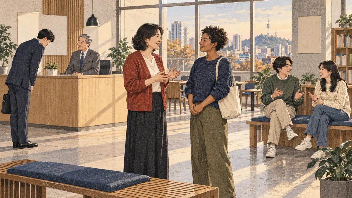 Three everyday conversations in Seoul show formal, polite and casual relationships.
