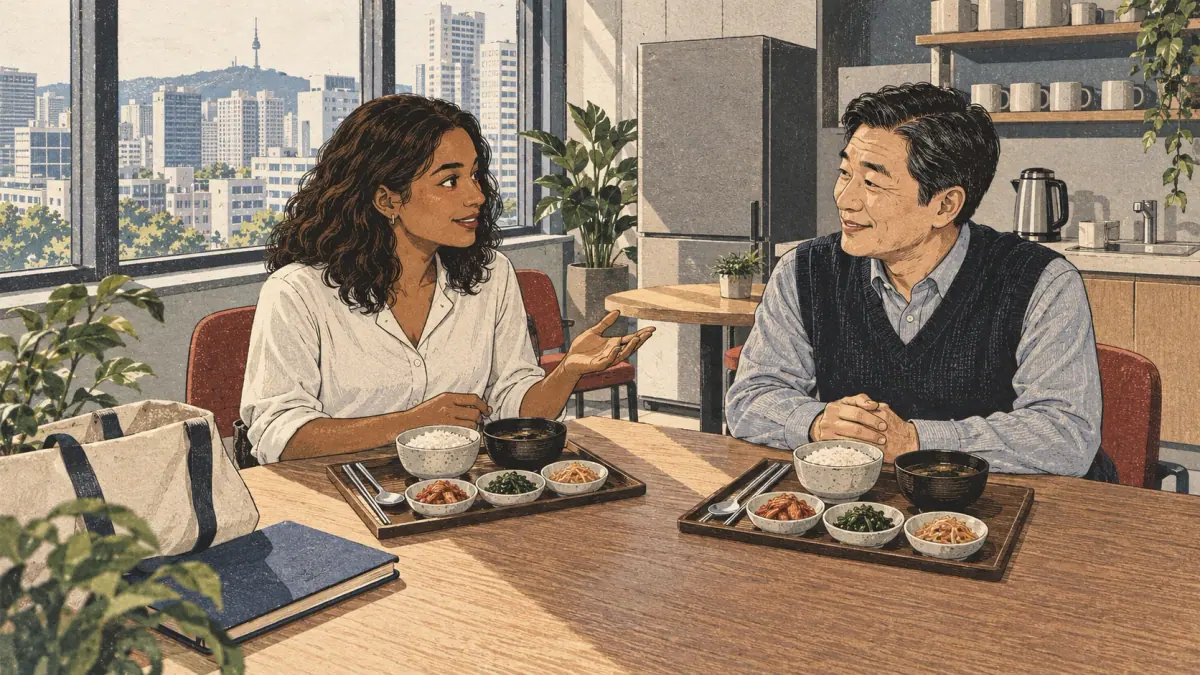 A new coworker speaks politely with an older colleague over lunch in a Seoul office.