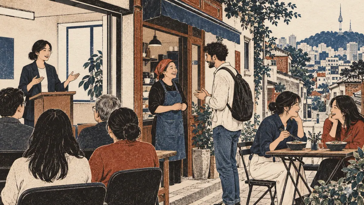 Formal public speech, polite café conversation and casual conversation between close friends in Seoul.