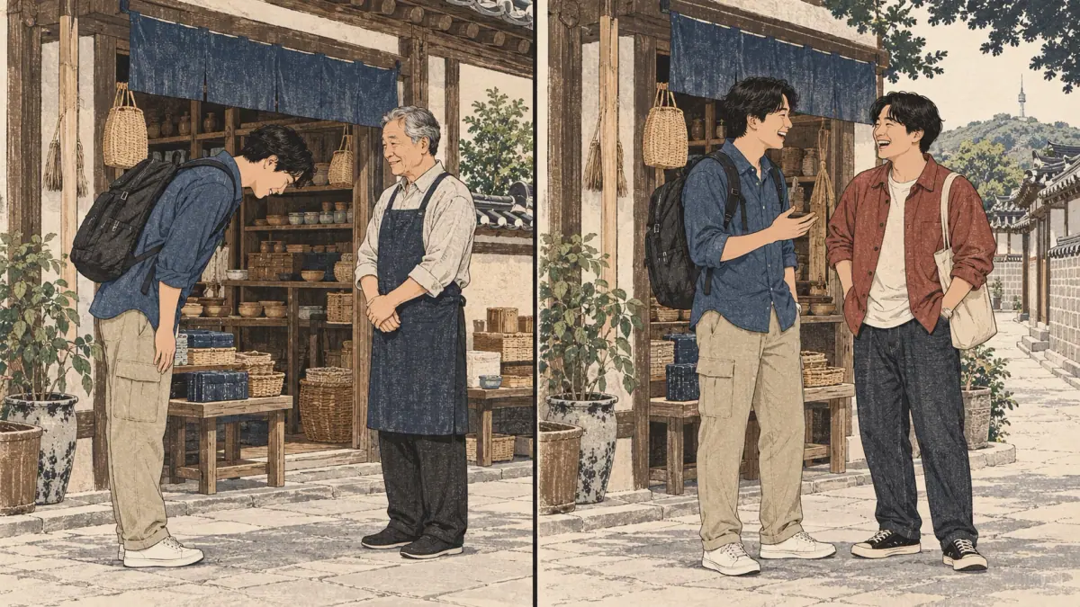 The same learner speaks respectfully to an older shopkeeper and comfortably to a close friend.