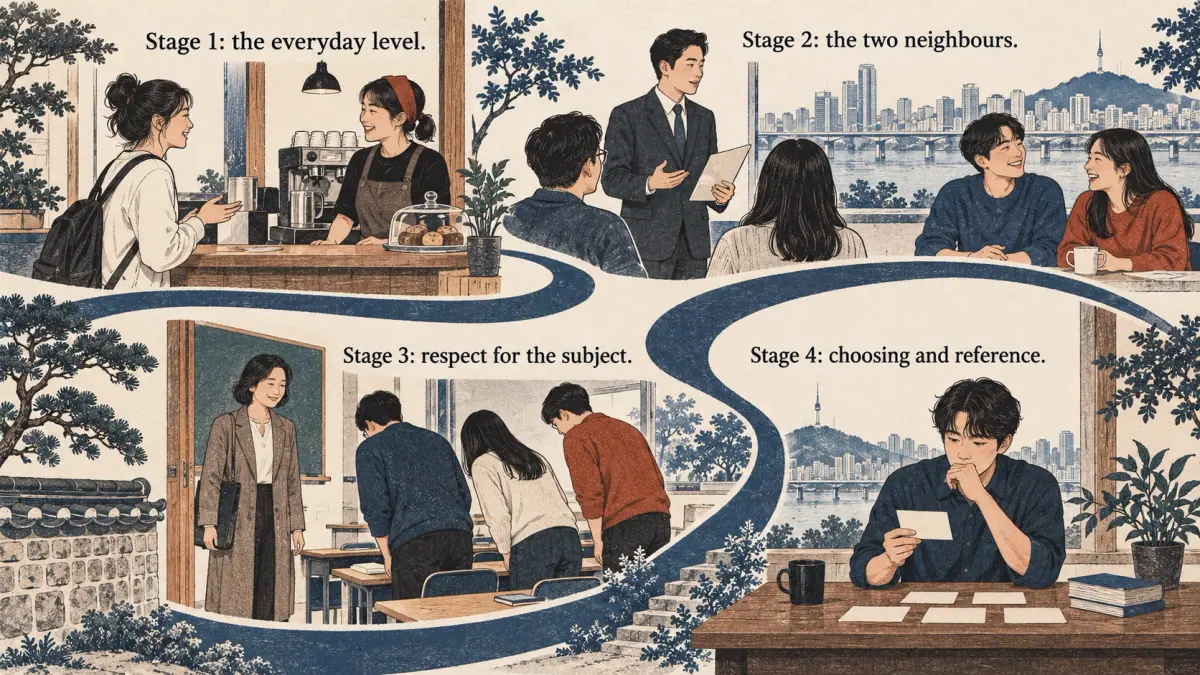 Four illustrated stages: everyday polite speech, formal and casual speech, honorifics, then choosing a level.