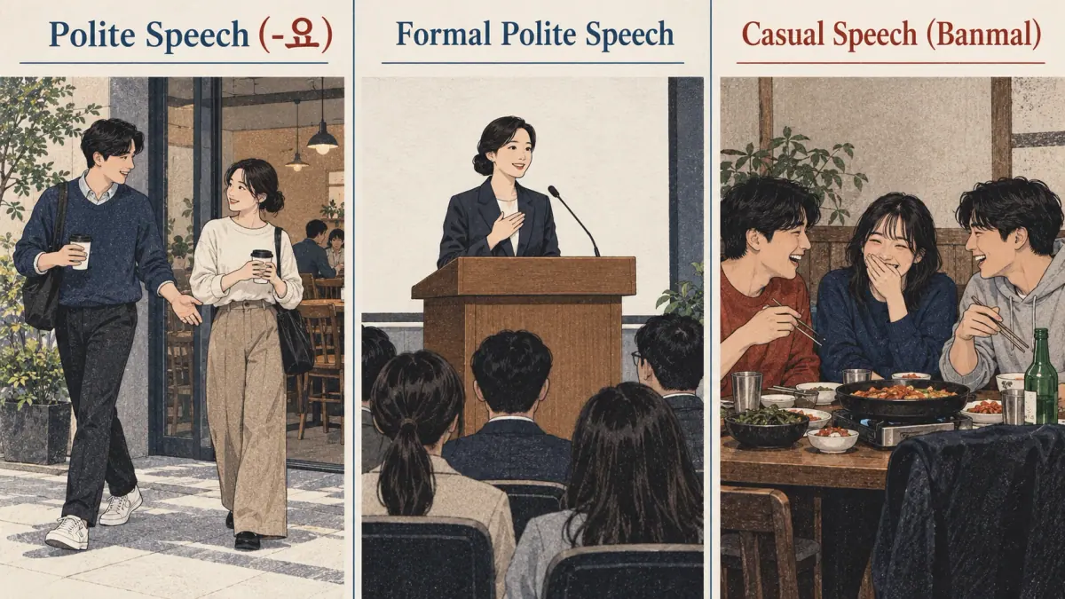 Café colleagues, a public speaker and close friends illustrate polite, formal and casual speech; 요.