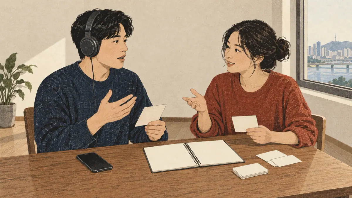A learner listens, speaks with a study partner and checks a notebook during speech-level practice.