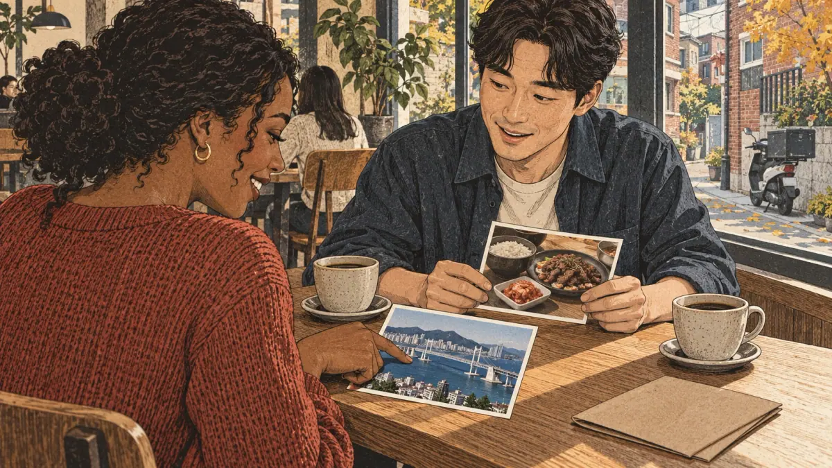 Dos amigos en una cafetería de Seúl recuerdan un viaje pasado con fotografías de Busan y comida coreana.