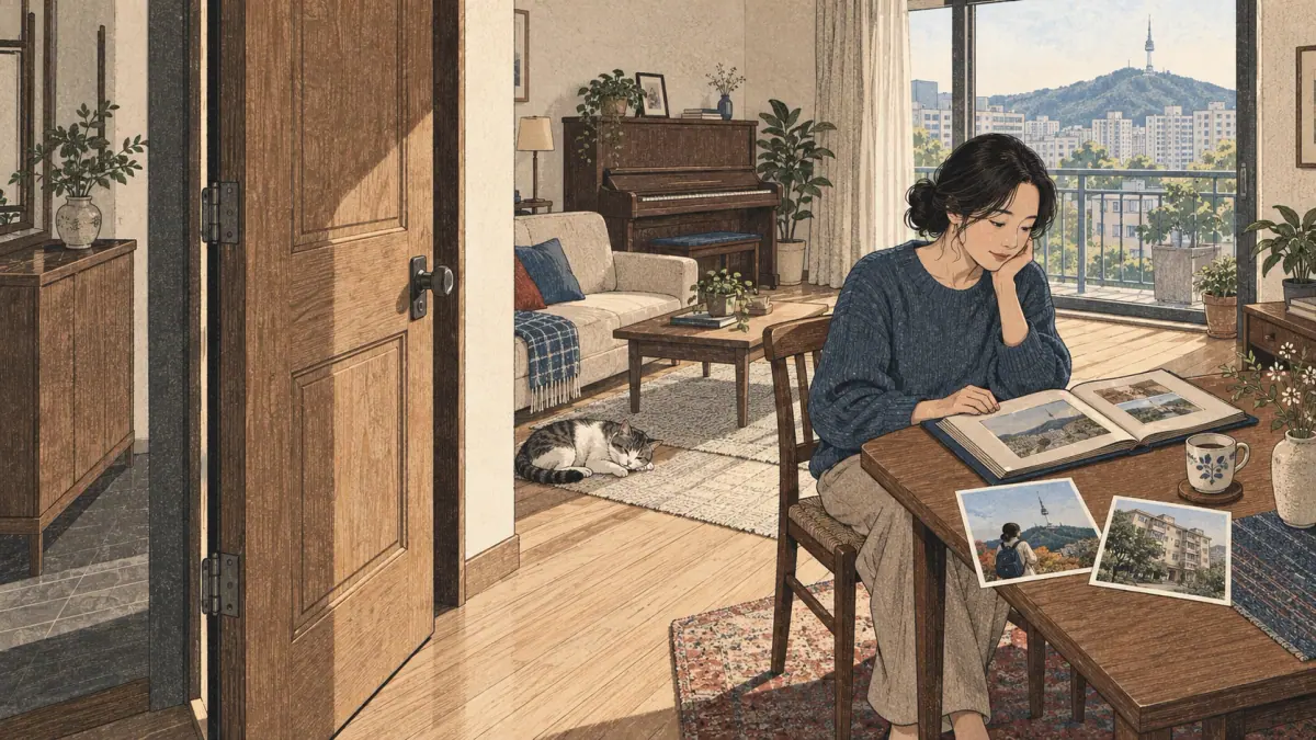 An open apartment door and a seated learner illustrate lasting states while travel photographs suggest past experience.