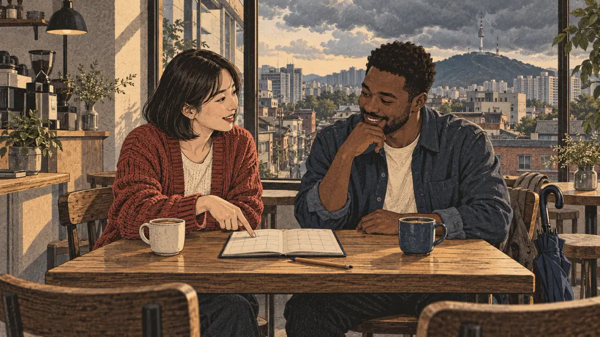 Dos amigos planean un encuentro futuro en una cafetería de Seúl mientras se acumulan nubes afuera.