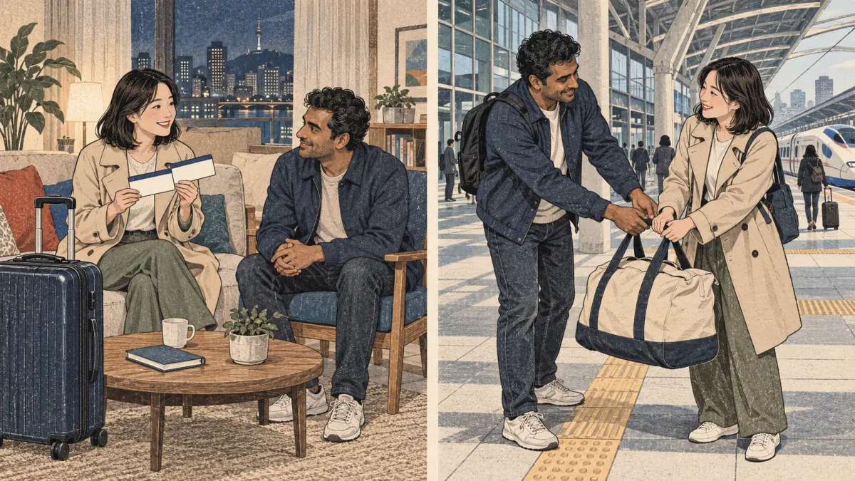 Paired Korean travel scenes contrast a booked journey with a spontaneous offer to carry a heavy bag.