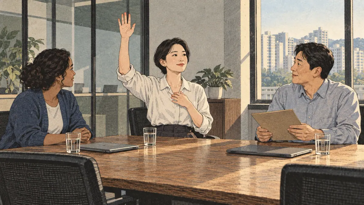 An office worker volunteers to take responsibility during a meeting in Seoul.