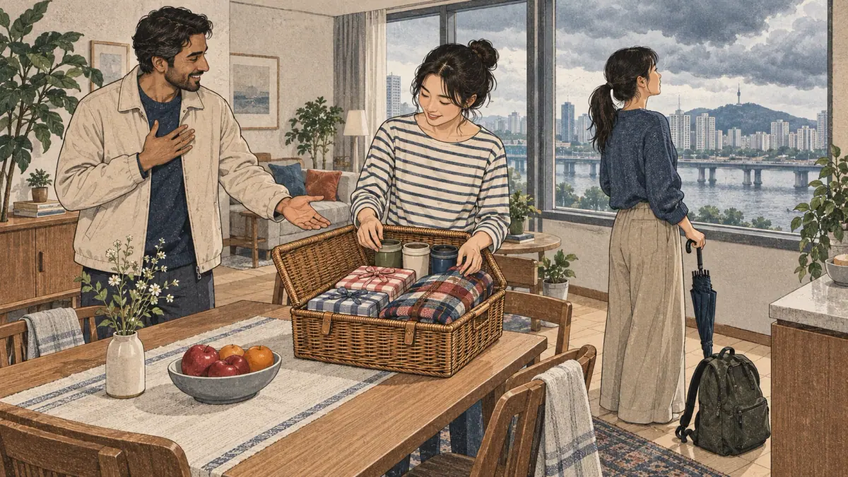 Friends prepare for a future outing while one offers to carry a picnic basket in a Seoul apartment.