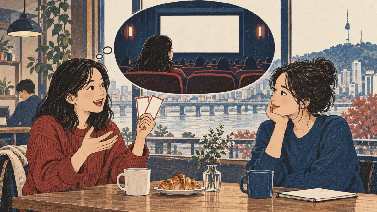A learner recalls watching a movie while talking to a friend in a café.