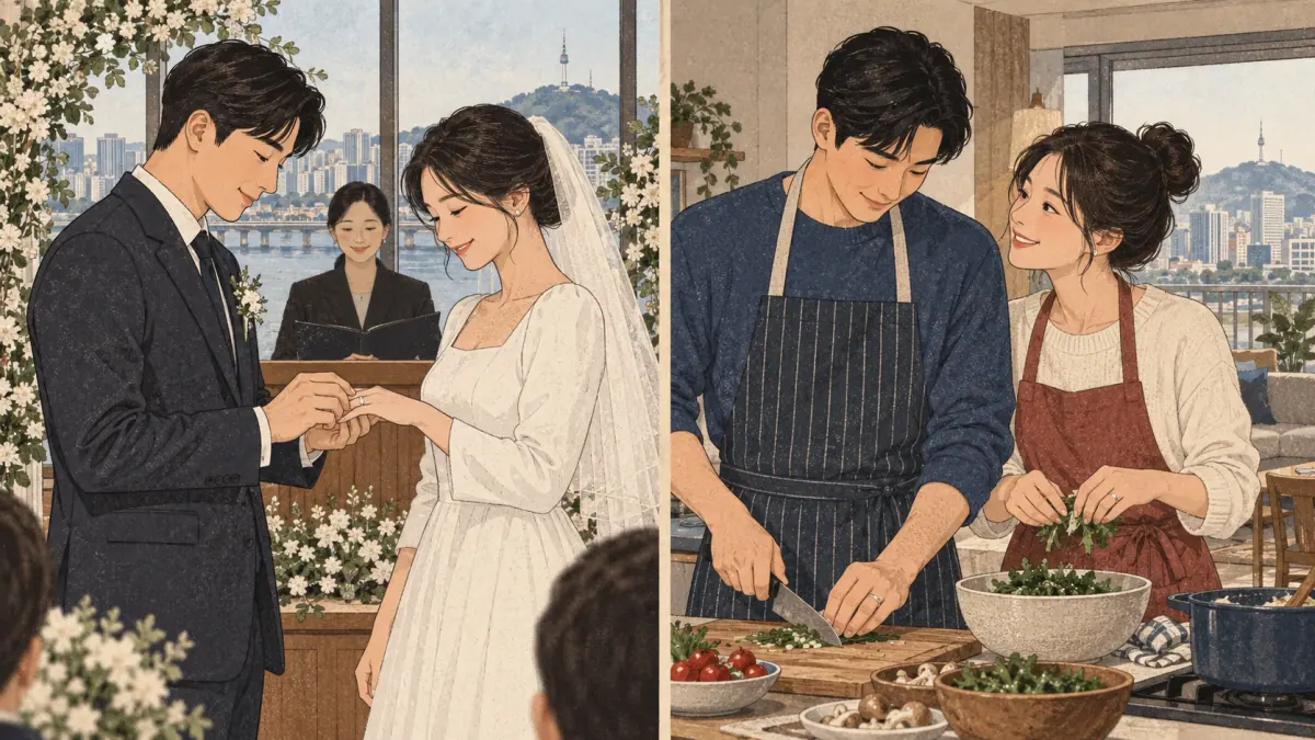 A wedding memory beside the same couple sharing an apartment shows a past event with a present result.