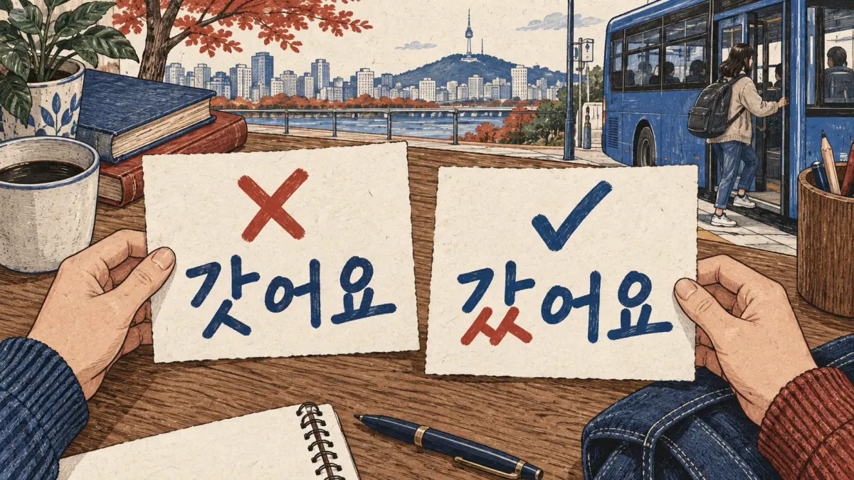Paper slips contrast wrong 갓어요 with correct 갔어요, highlighting the double consonant.