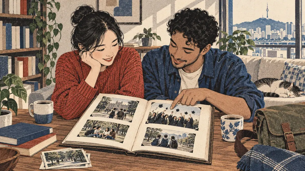 Friends in a Seoul apartment recall their student days through a photo album.
