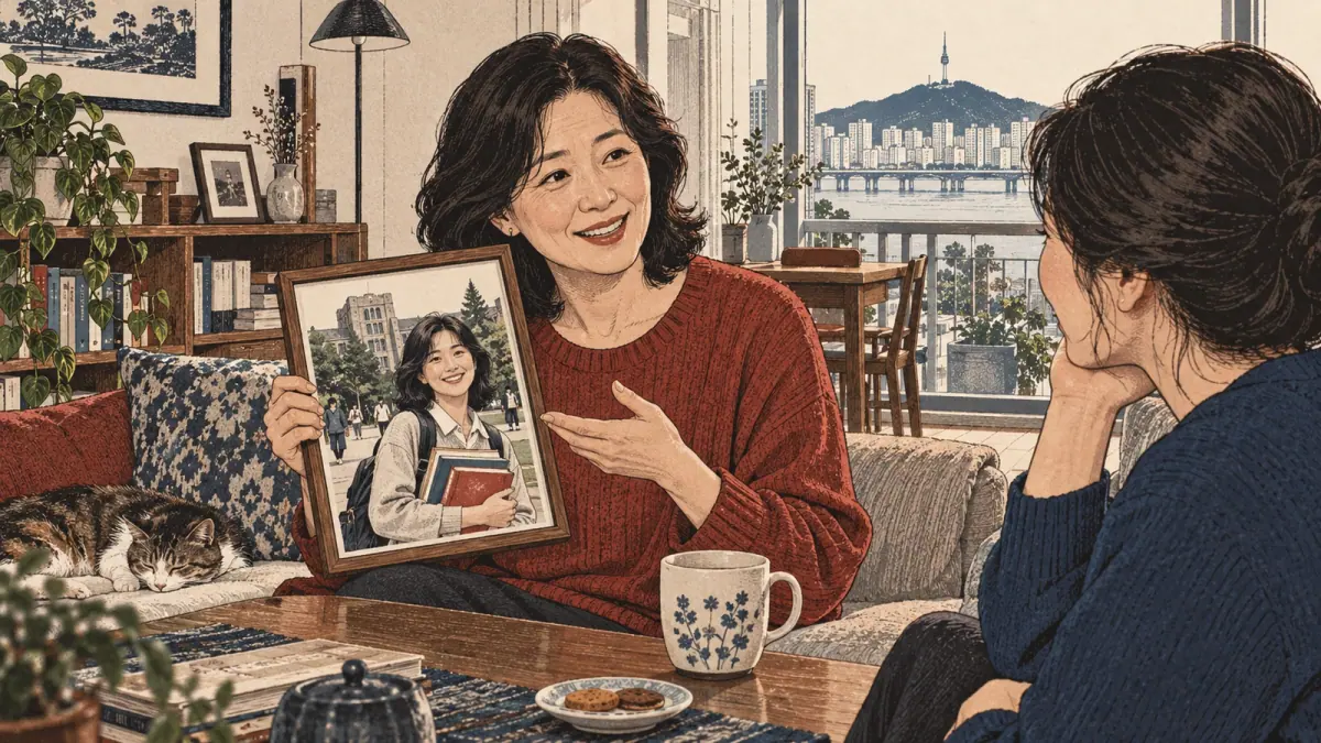An adult recalls her former identity as a university student through a photograph.