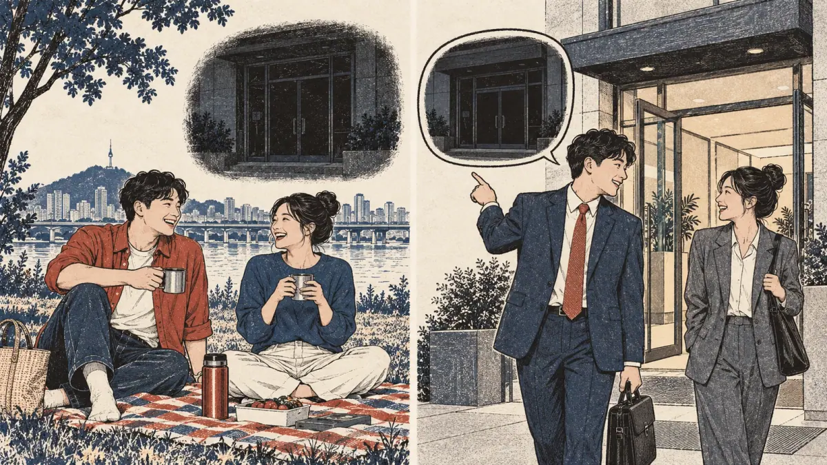 Coworkers recall a riverside holiday while returning to their office the next day.