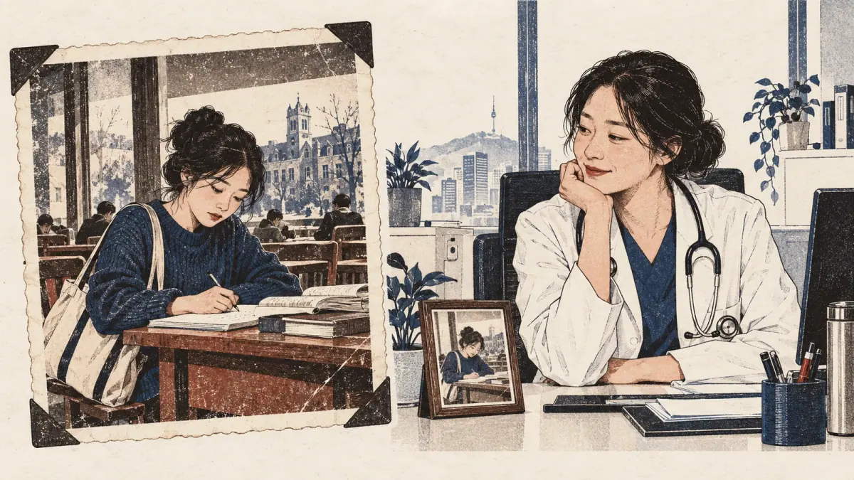 An old student photograph contrasts with the same woman working as a doctor today.