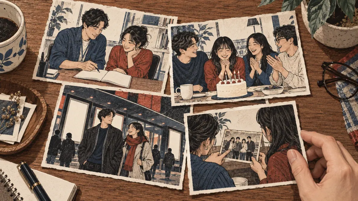 Four memory photographs show a teacher, a birthday, a movie outing and friends.