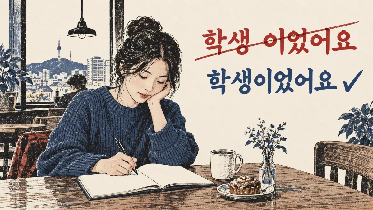 Spacing correction: 학생 이었어요 becomes 학생이었어요, with an adult revising notes.