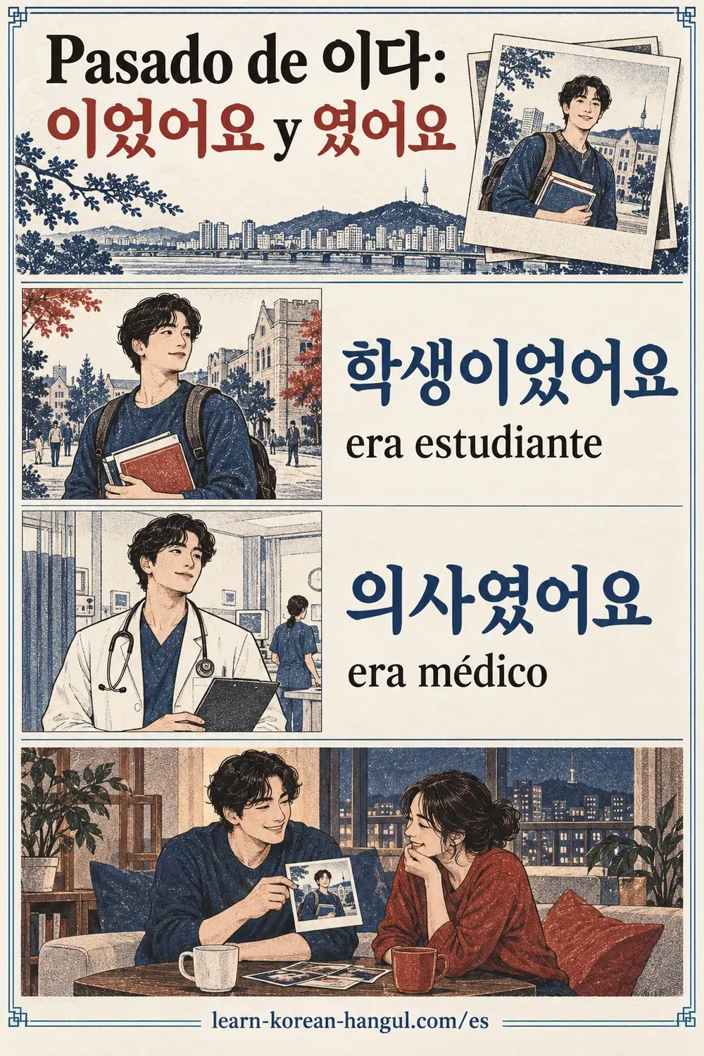 Dos identidades anteriores en escenas: 학생이었어요, era estudiante; 의사였어요, era médico.