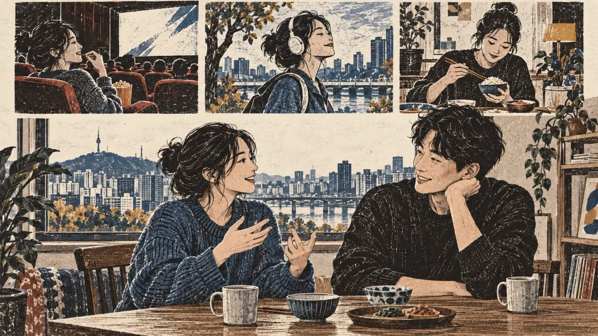 A learner recalls yesterday’s movie, music and meal while talking with a friend in a Seoul apartment.