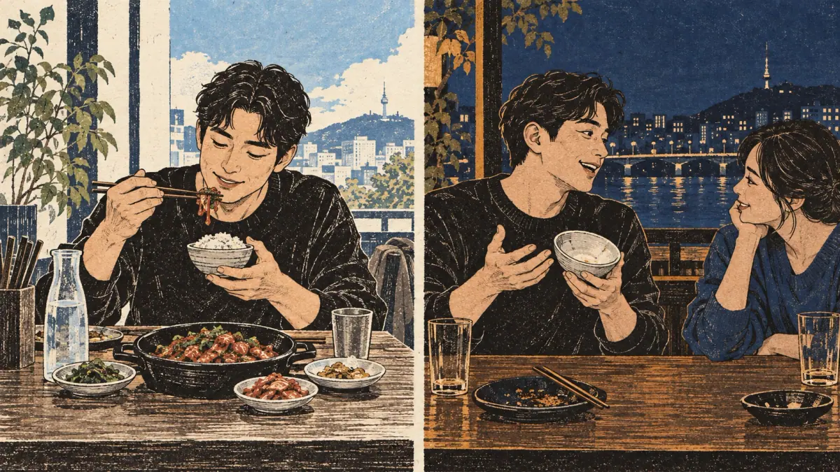 An earlier meal and a later conversation show an action happening before the moment of speaking.