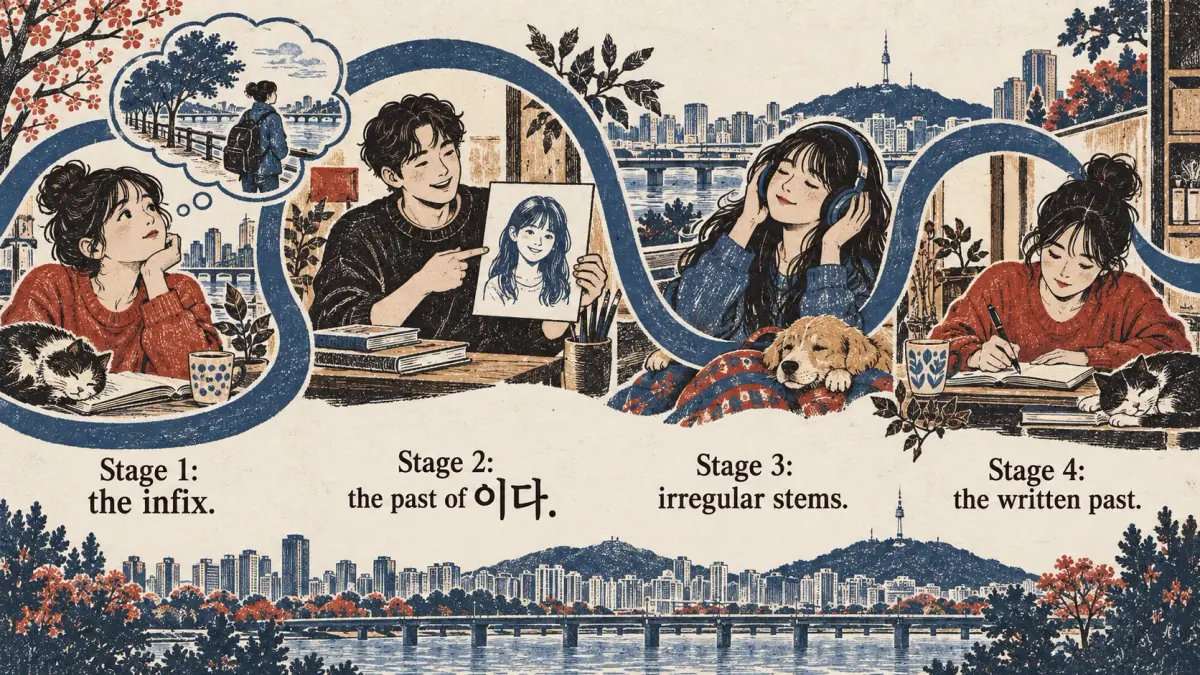 Four scenes trace the route from the infix to the past of 이다, irregular stems and written past.