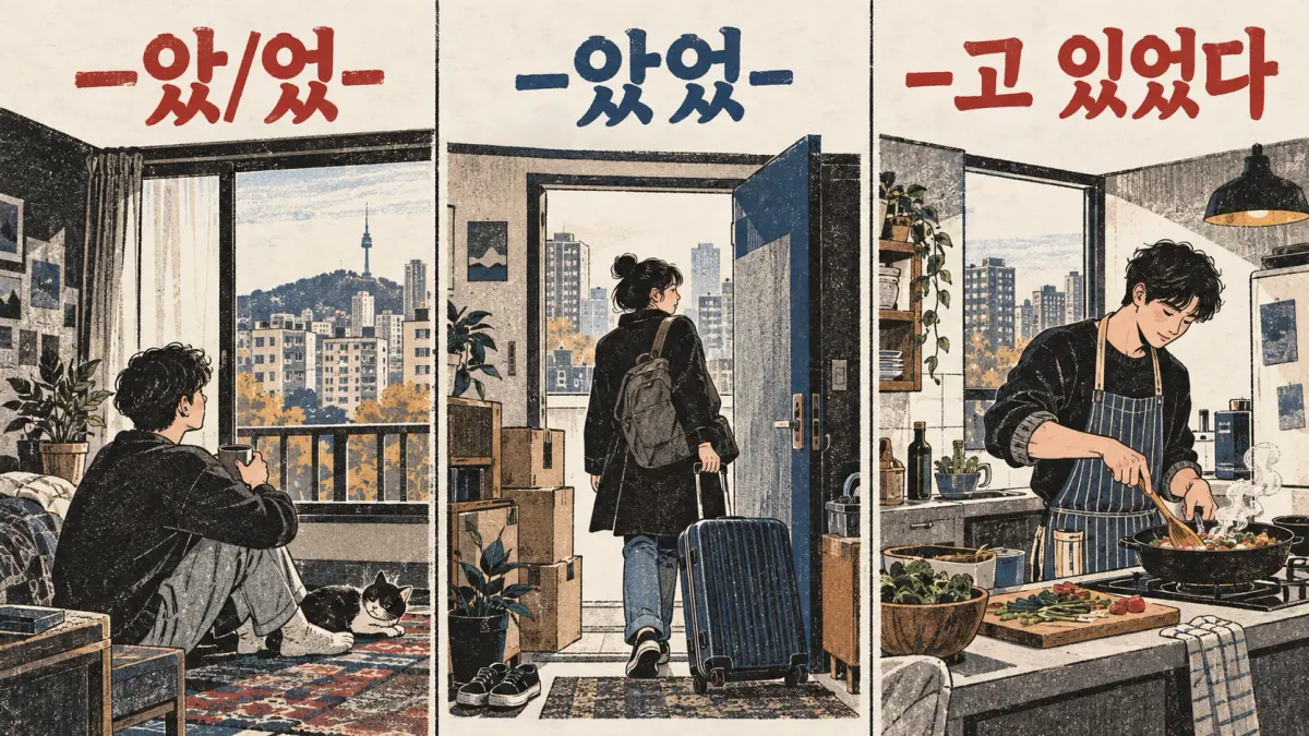 Seoul residence scenes contrast -았/었-, -았었- and -고 있었다: past event, past cut off from now and past in progress.