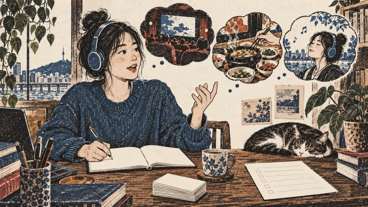 A learner listens, speaks and writes about yesterday’s movie, meal and music at a desk.