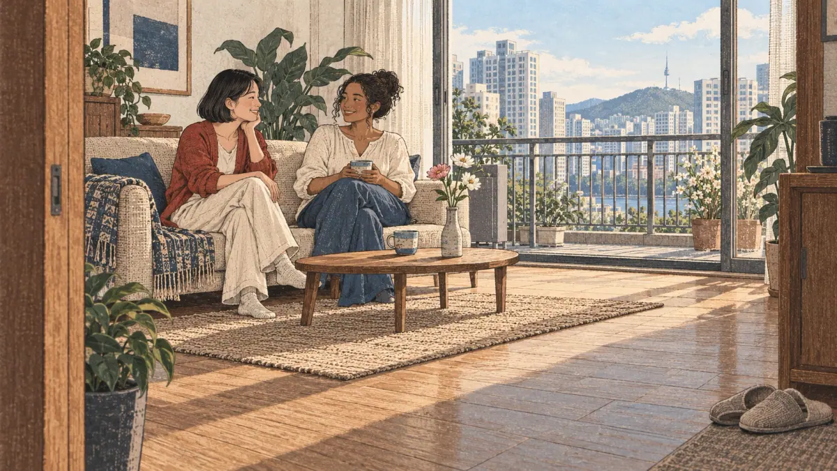 Two friends enjoy nice weather in a spacious Seoul apartment with pretty flowers.