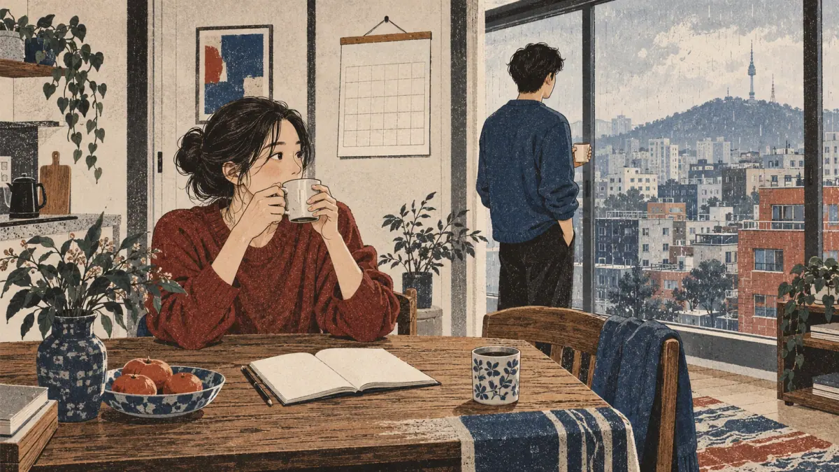 Adults share a quiet coffee morning in a Seoul apartment as rain falls outside.