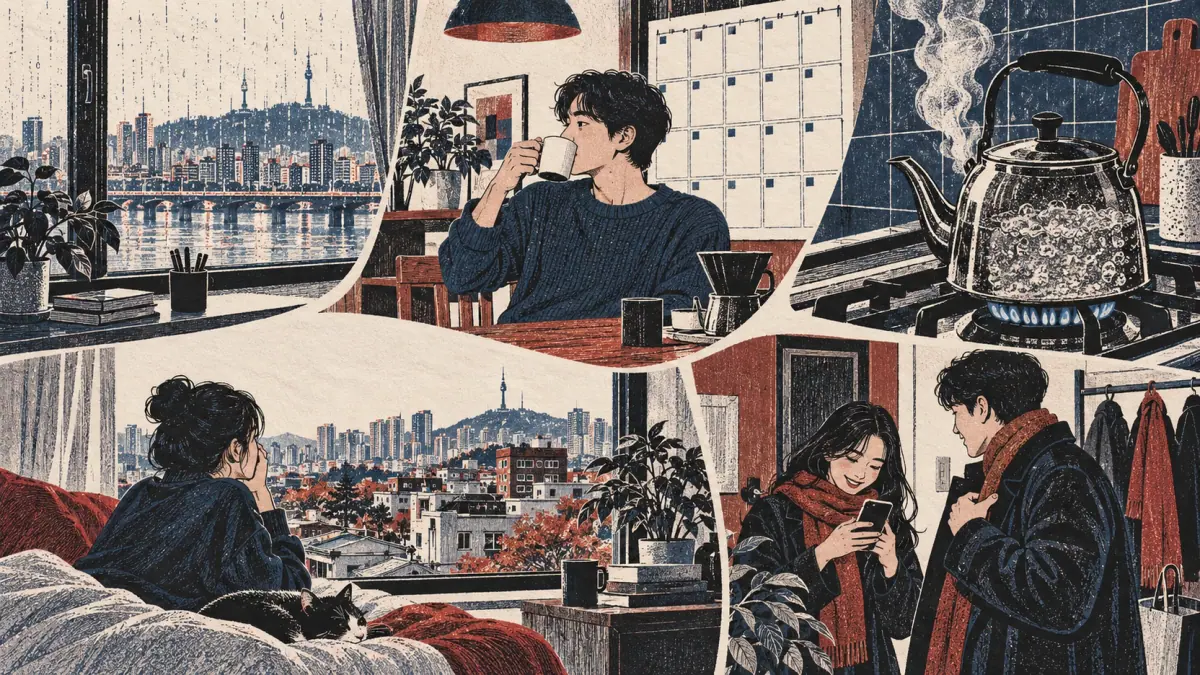 Five scenes show rain, daily coffee, boiling water, a Seoul home and friends preparing to meet.