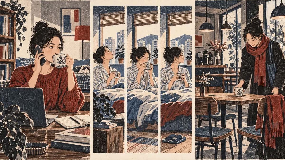 The same coffee action appears during a call, as a morning routine and as a prepared meeting.