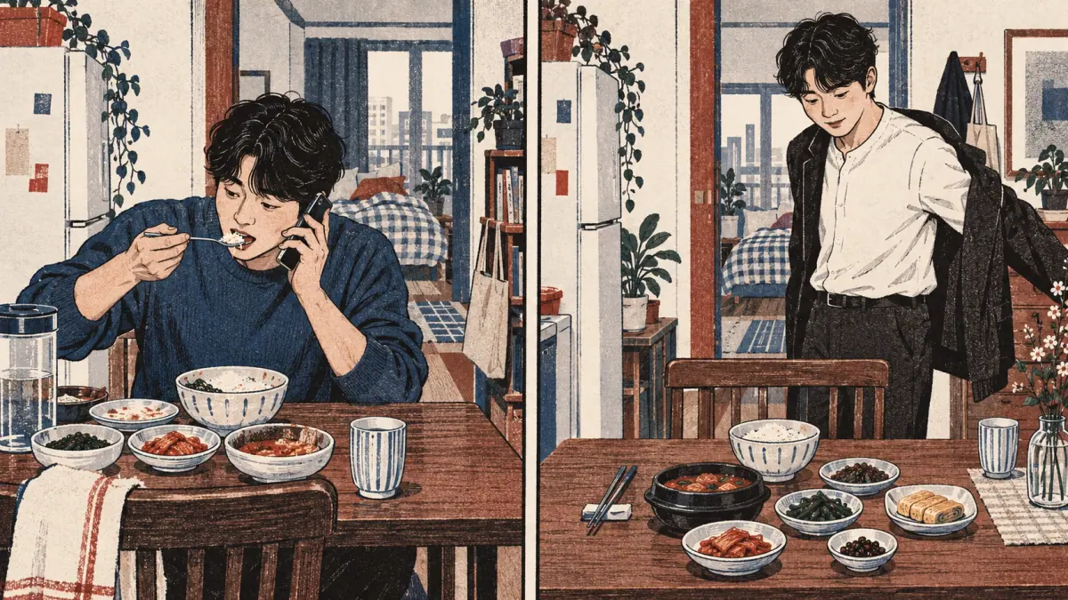 Two scenes contrast eating during a phone call with preparing to eat an untouched meal.