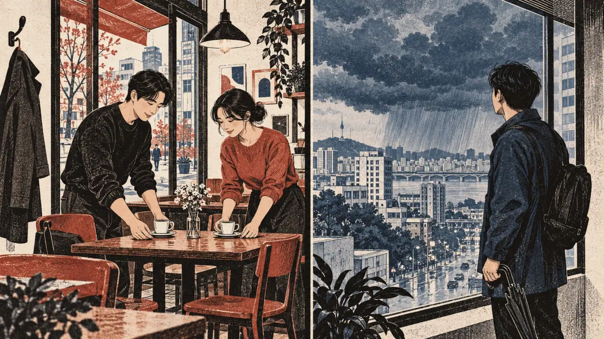 Friends prepare a fixed café meeting while another adult considers uncertain rain with an umbrella.
