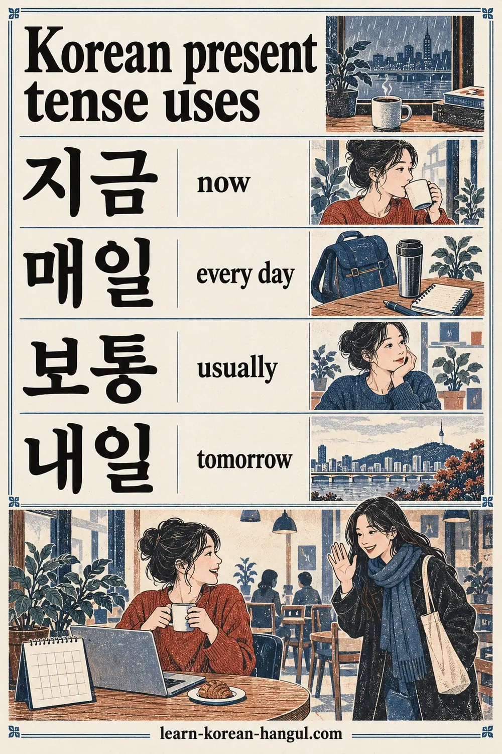 Time clues 지금 (now), 매일 (every day), 보통 (usually) and 내일 (tomorrow) guide present-tense meaning.