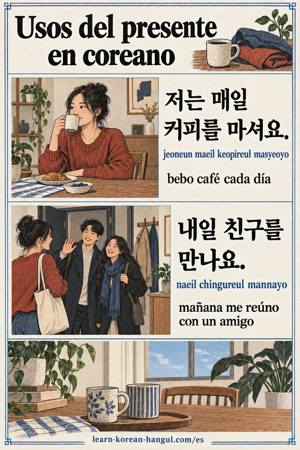 Hábito 저는 매일 커피를 마셔요 (jeoneun maeil keopireul masyeoyo) y plan 내일 친구를 만나요 (naeil chingureul mannayo).
