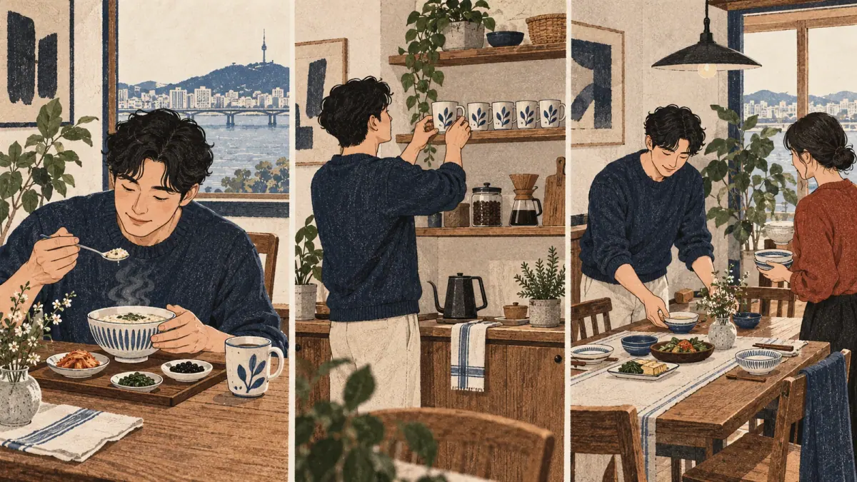 Three meal situations illustrate present actions, habits and plans.