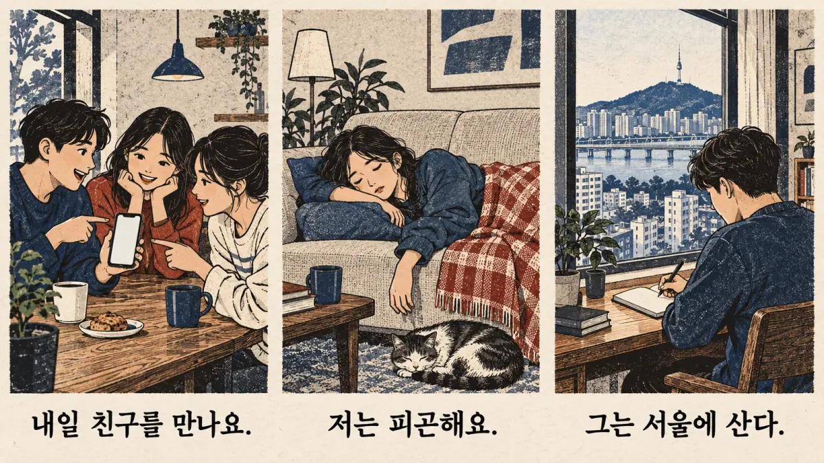 Situations labelled 내일 친구를 만나요., 저는 피곤해요. and 그는 서울에 산다. guide lesson choice.