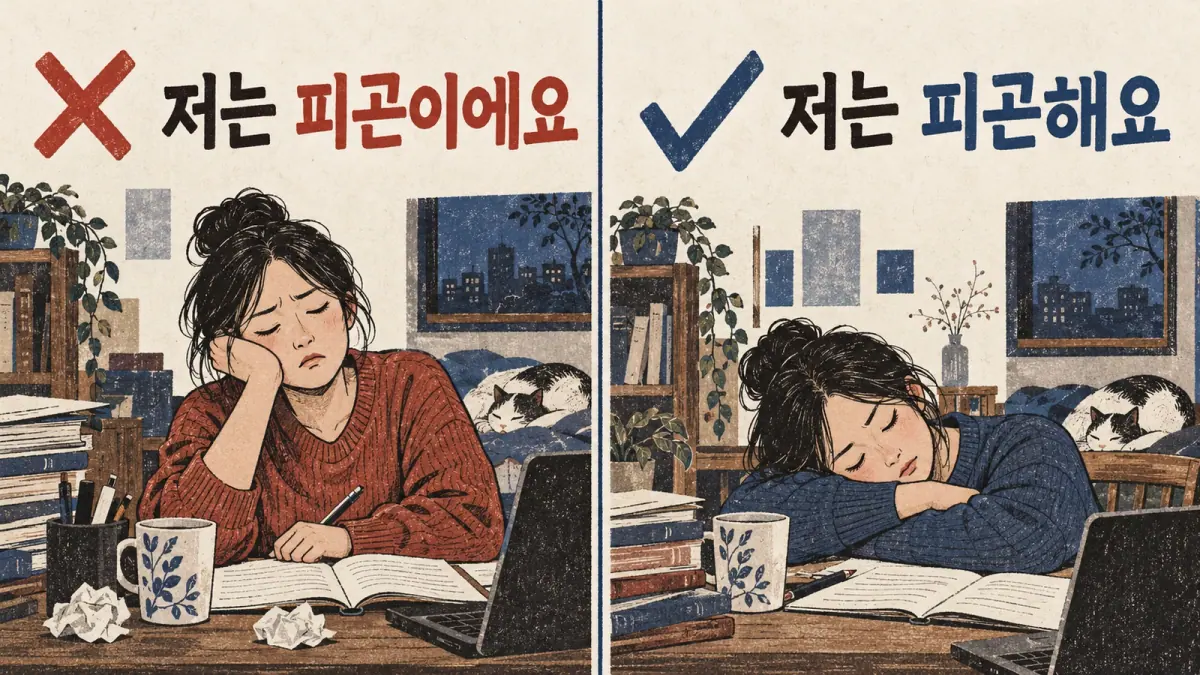 A tired learner beside ✗ 저는 피곤이에요 and ✓ 저는 피곤해요 shows the adjective correction.