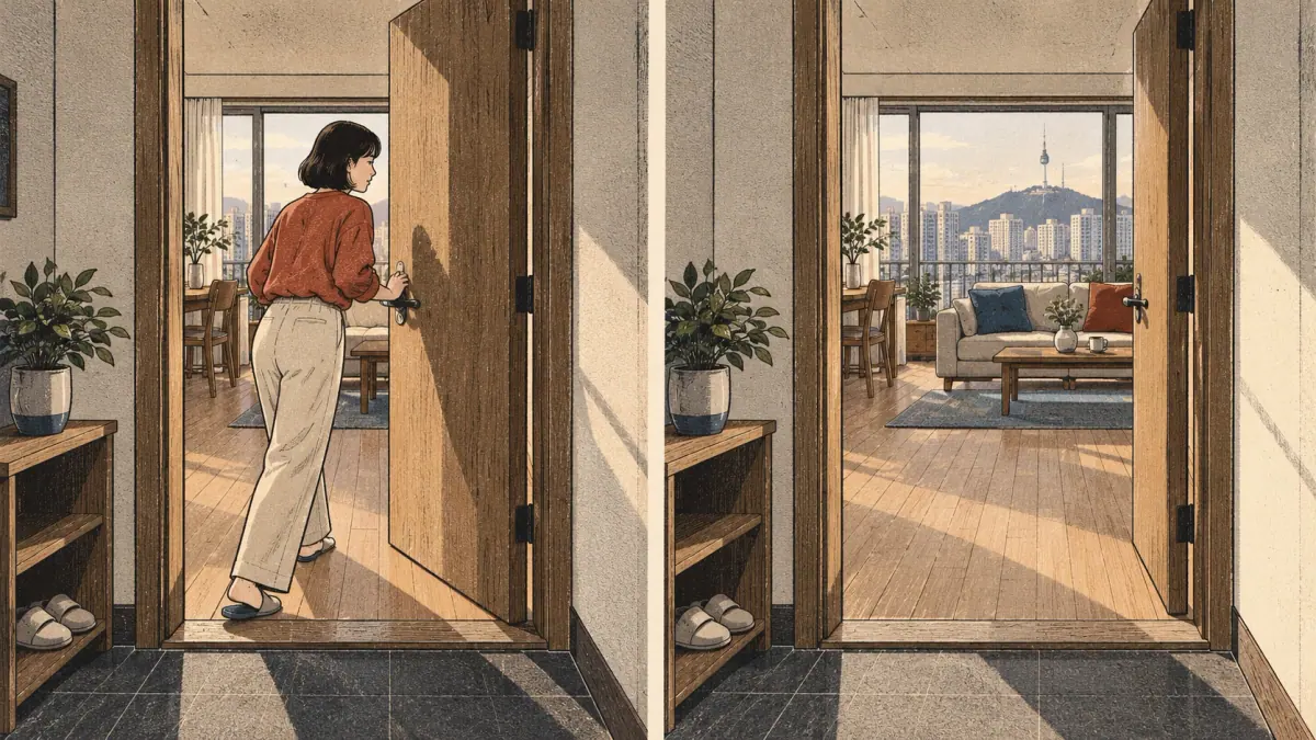 Two moments in a Seoul apartment: a woman opening a door, then the same door standing open.