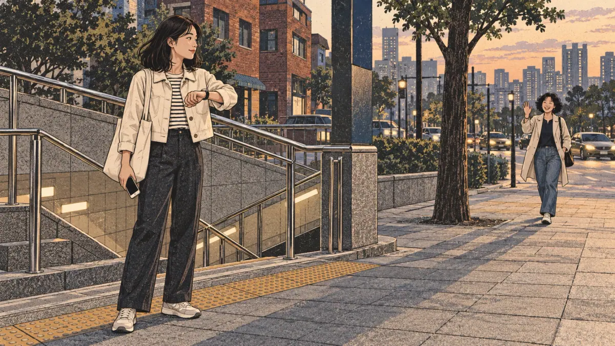 A woman waits for a friend beside a Seoul subway entrance, checking her wristwatch.