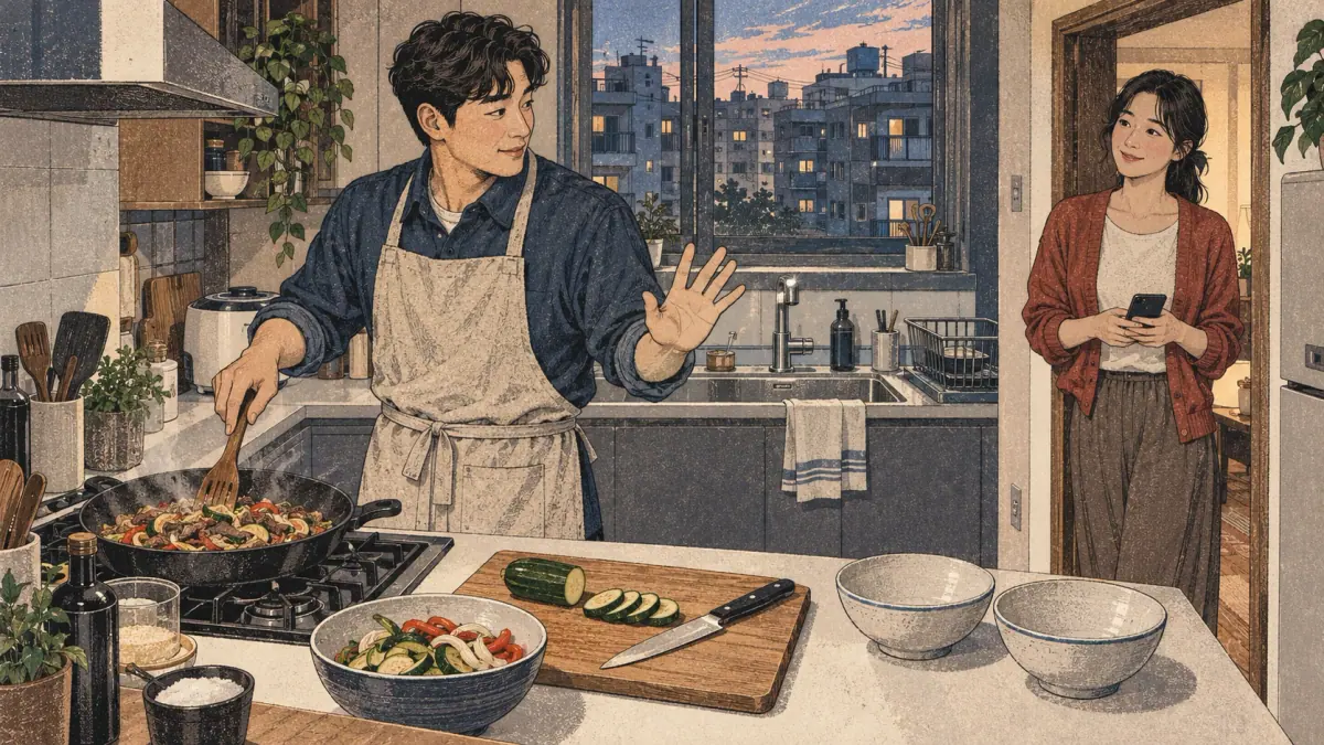 A cook pauses to gesture while preparing an unfinished dinner in a Seoul apartment kitchen.