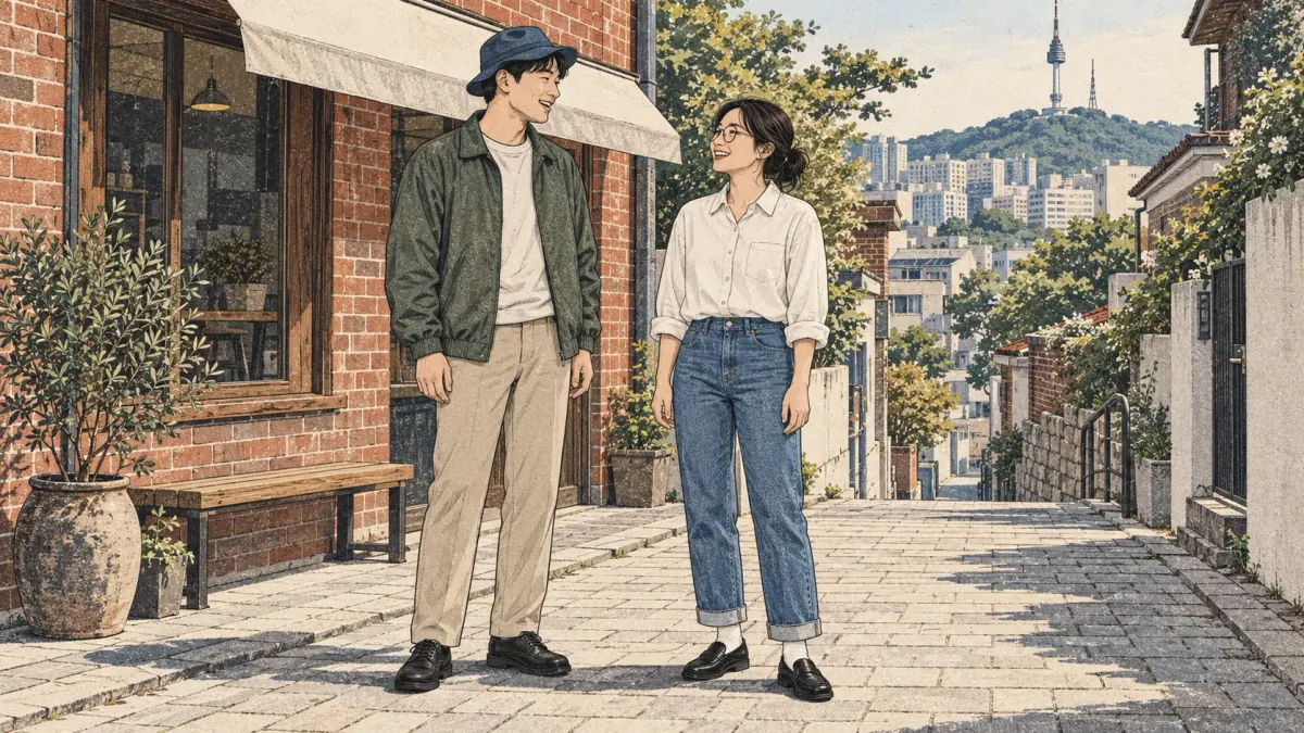 Two friends in Seoul wearing a hat, jeans, a white shirt and black shoes, with their complete outfits visible.