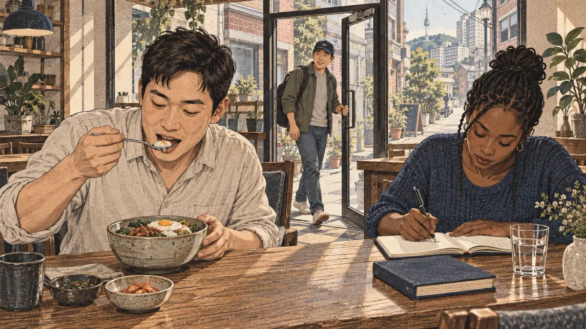 Adults eating and studying at a Seoul café while a friend opens the door.