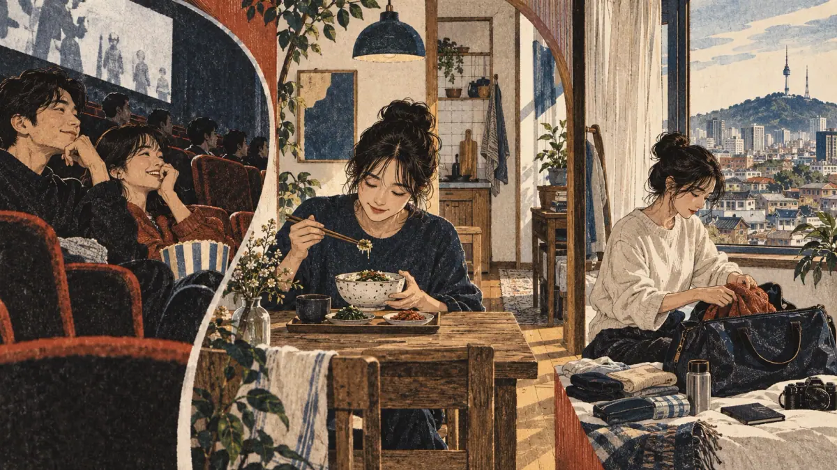 Three Seoul scenes show a remembered film, eating now and packing for a future trip.