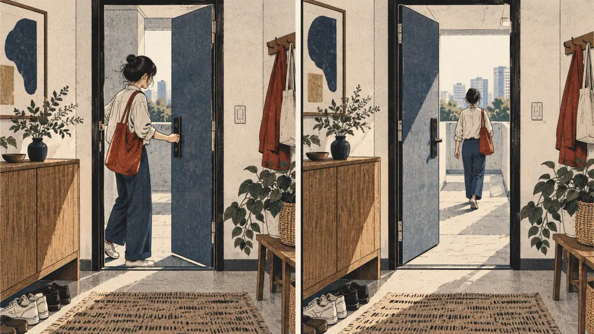 Opening a door and the open door remaining illustrate action and lasting result.